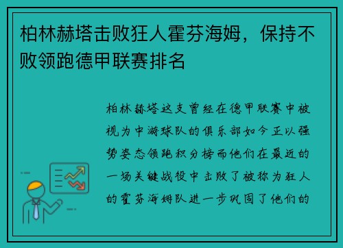 柏林赫塔击败狂人霍芬海姆，保持不败领跑德甲联赛排名