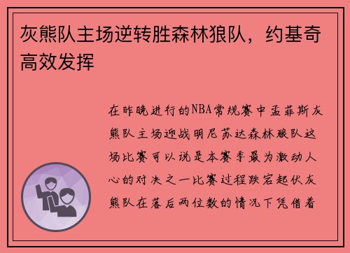 灰熊队主场逆转胜森林狼队，约基奇高效发挥