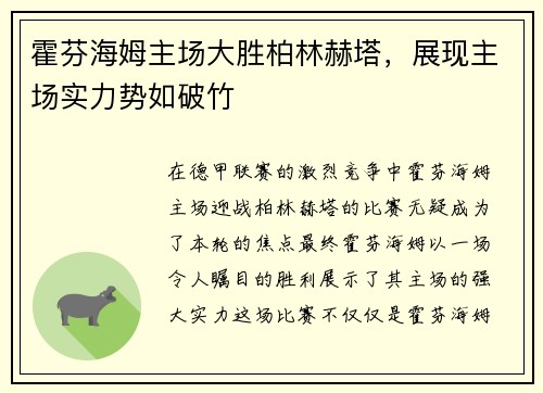 霍芬海姆主场大胜柏林赫塔，展现主场实力势如破竹