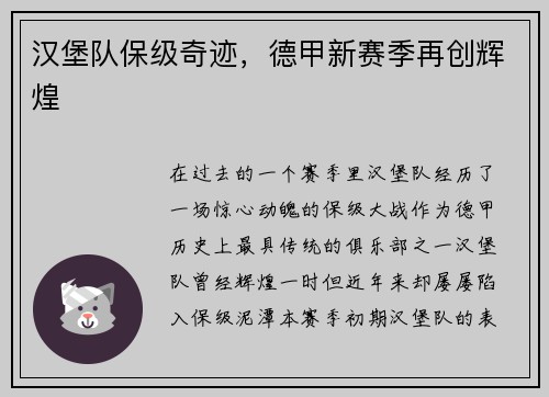 汉堡队保级奇迹，德甲新赛季再创辉煌